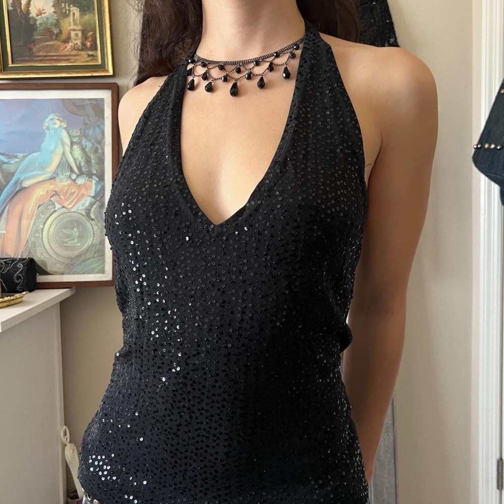 BCBG Black Sequined Silky Silk Knit Backless Halter Top Y2K 2000s Small - Picture 4 of 7